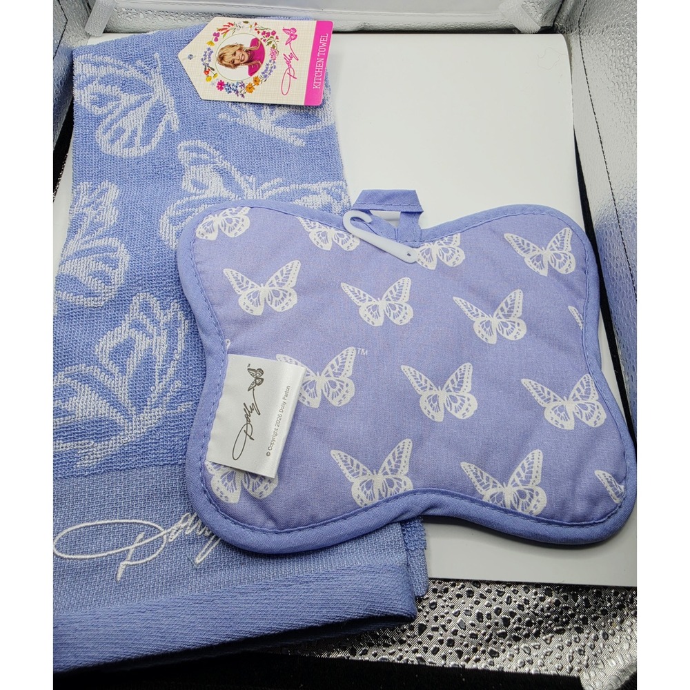 Dolly Parton Butterfly Kitchen Towel and Pot Holder Set Blue 100% Cotton 2pc NWT